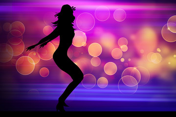 Silhouette of dancing girl in night club with light background