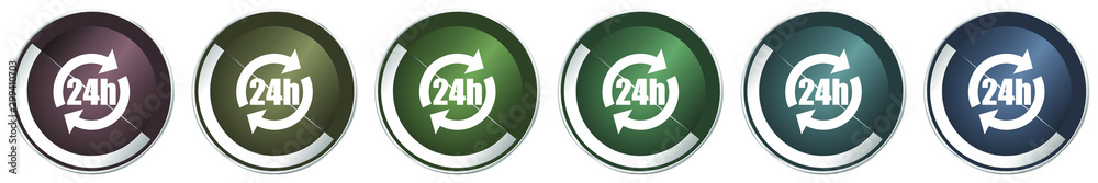 Poster 24h icon set, colorful silver metallic chrome vector illustrations in 6 options for web design and m