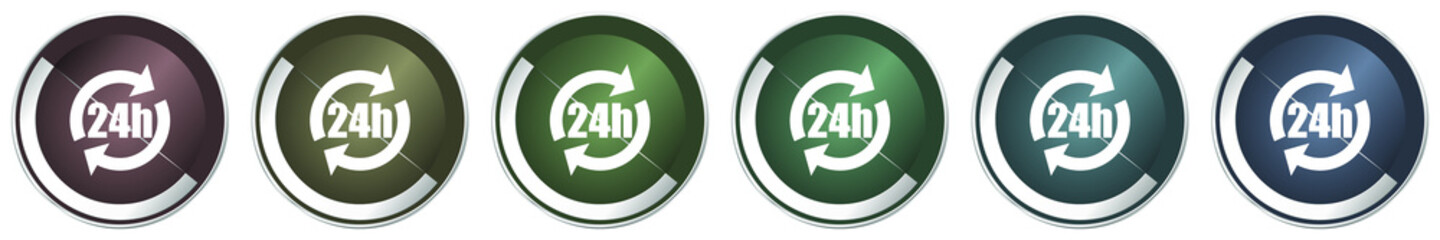 24h icon set, colorful silver metallic chrome vector illustrations in 6 options for web design and mobile applications