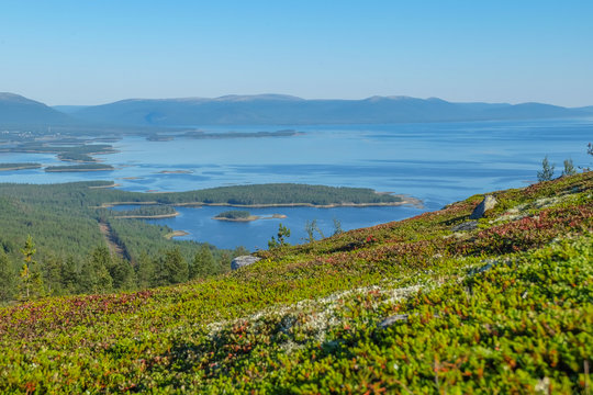 Beautiful view of the White sea from the mountain. Arctic. Murmansk region. Kandalaksha city.