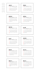 Vertical 2020 calendar template. Calendar isolated on white background for organization and business