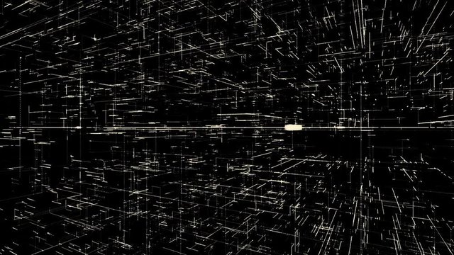3D futuristic background of endless beige connected short lines, eternity of space. Animation. Rotation of the white abstract narrow tubes on black background.
