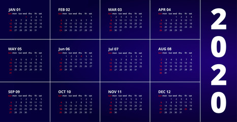 2020 horizontal calendar on blue background. Printable calendar for year 2020