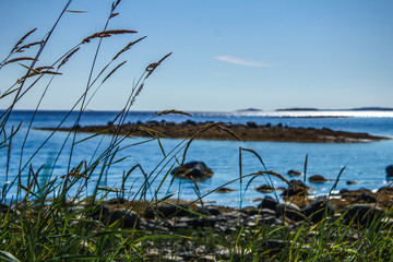 Fototapeta premium Beautiful coast of the White Sea at sunset. Russian North, Murmansk region, Kandalaksha. Luwenga.