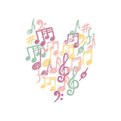 Vector Music Notes pattern in a Heart shape. Cute Music Keys t-shirt print, romantic card, love message. Printable fabric colorful design element isolated on white cover. San Valentine Day background
