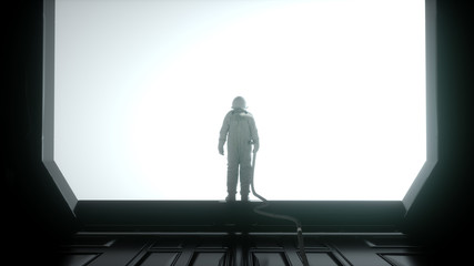 Alone astronaut in futuristic interior. Sci-fi room with a huge window. 3d rendering © Laricha