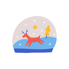 Simple vector icon with glass ball with reindeer and fir trees and snowflakes, traditional christmas festive symbol, good as card, banner or logo. Flat cute doodle cartoon style.