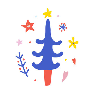 Simple vector icon arrangement with christmas tree with festive decorations and doodle floral elements, good as card, banner or logo. Flat doodle cartoon style.
