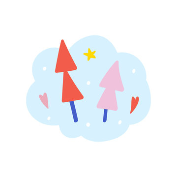 Simple vector icon arrangement with fir trees and snowflakes, decorated with doodles, good as card, banner or logo. Flat cute doodle cartoon style.