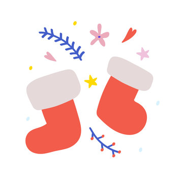 Cute simple vector icon arrangement with little cute red santa's boots and festive branches and decorations, good as card, banner or logo. Flat doodle cartoon style.