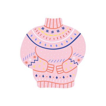 Vector illustration with ugly winter sweater with christmas ornaments, seasonal knitted jumper with festive decorations, good as card, banner or logo. Flat cute doodle scandinavian cartoon style.