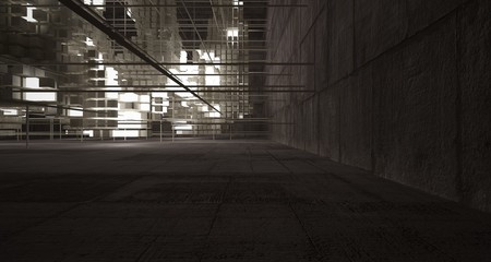 Abstract architectural concrete brown interior  from an array of beige cubes  with neon lighting. 3D illustration and rendering.