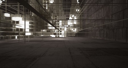 Abstract architectural concrete brown interior  from an array of beige cubes  with neon lighting. 3D illustration and rendering.
