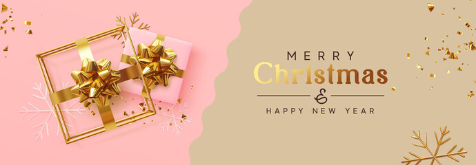 Holiday banner Merry Christmas and Happy New Year. Xmas design with realistic festive objects, realistic gift, 3d hollow gift-shaped cube, snowflake, glitter gold confetti. Festive Horizontal poster