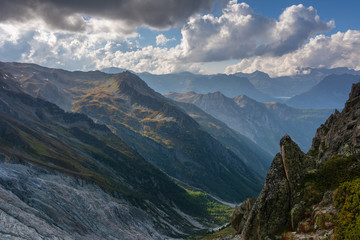 Wonderful views of the mountains in the Swiss Alps with backpackers.