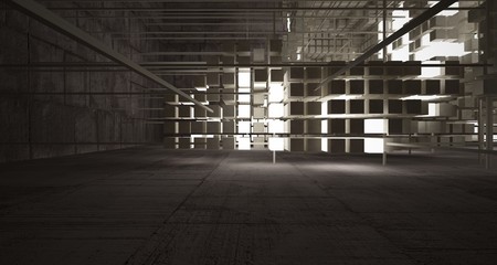 Abstract architectural concrete brown interior  from an array of beige cubes  with neon lighting. 3D illustration and rendering.