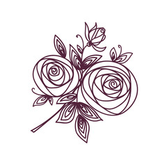 Roses. Stylized flower bouquet hand drawing. Outline icon symbol. Present for wedding, birthday invitation card.