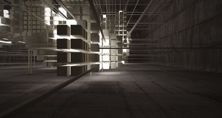 Abstract architectural concrete brown interior  from an array of beige cubes  with neon lighting. 3D illustration and rendering.