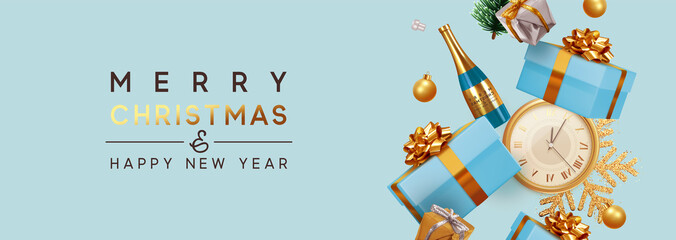 Merry Christmas and Happy New Year. Xmas Festive background with realistic objects. Holiday elements, 3d render and realism. Greeting card, web poster. Horizontal blue banner, headers website. vector © lauritta