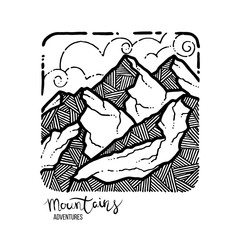 Mountain Adventures. Vector grunge hand drawn landscape