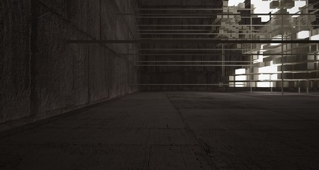 Abstract architectural concrete brown interior  from an array of beige cubes  with neon lighting. 3D illustration and rendering.