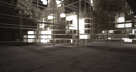Abstract architectural concrete brown interior  from an array of beige cubes  with neon lighting. 3D illustration and rendering.