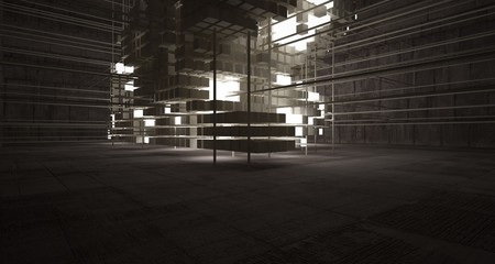 Abstract architectural concrete brown interior  from an array of beige cubes  with neon lighting. 3D illustration and rendering.