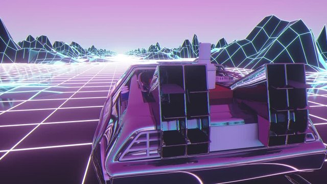 Retro-futuristic 80s style Sci-Fi car background. Seamless loop 3d video animation