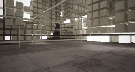 Abstract architectural concrete brown interior  from an array of beige cubes  with neon lighting. 3D illustration and rendering.