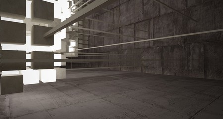 Abstract architectural concrete brown interior  from an array of beige cubes  with neon lighting. 3D illustration and rendering.