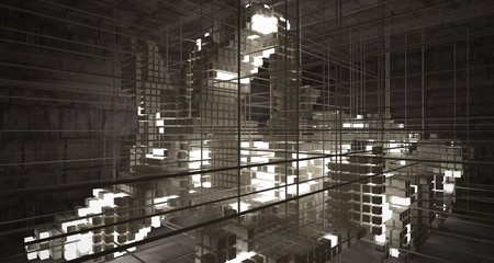 Abstract architectural concrete brown interior  from an array of beige cubes  with neon lighting. 3D illustration and rendering.