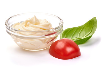 Bowl of mayonnaise, isolated on white background