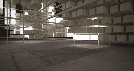 Abstract architectural concrete brown interior  from an array of beige cubes  with neon lighting. 3D illustration and rendering.