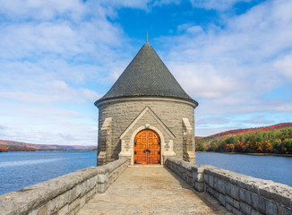 Horizontal view of Saville Dam in autumn