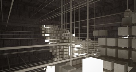Abstract architectural concrete brown interior  from an array of beige cubes  with neon lighting. 3D illustration and rendering.