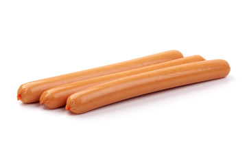 Chicken fresh boiled sausages, isolated on white background