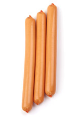 Fresh boiled chicken sausages, isolated on white background