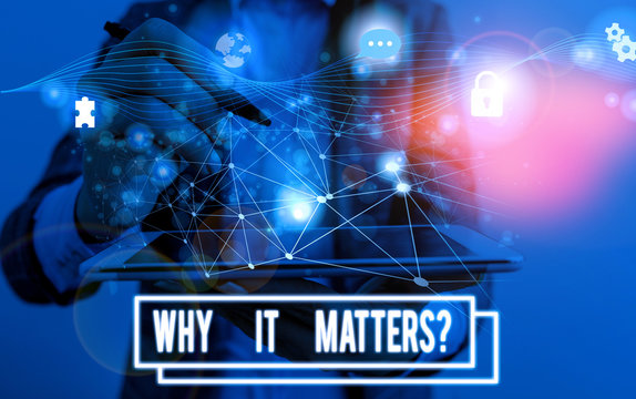 Conceptual hand writing showing Why It Matters Question. Concept meaning most important thing to be done when involved in situation Picture photo network scheme with modern smart device