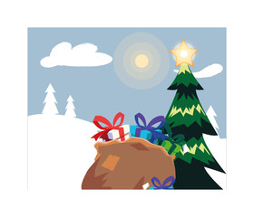 Merry christmas pine tree and gifts vector design