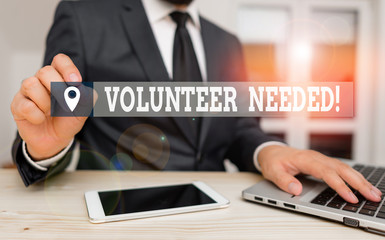 Handwriting text writing Volunteer Needed. Conceptual photo asking demonstrating to work for organization without being paid Male human wear formal clothes present presentation use hi tech smartphone
