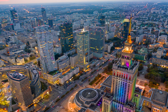 Aerial Drone In Warsaw Skyscrapers Nad Centre.