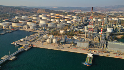 Aerial photo of industrial oil and gas refinery in Elefsina area, Attica, Greece