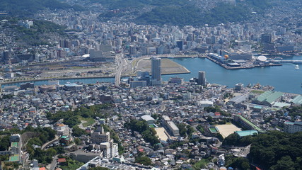 Aerial panorama of the harbor in Nagasaki city from the mount Inasa observation platform, Kyushu, Japan.