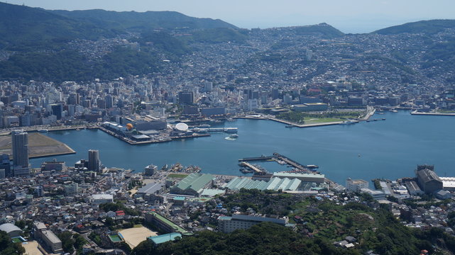 Panorama of the harbor in Nagasaki city from the mount Inasa observation platform, Kyushu, Japan.