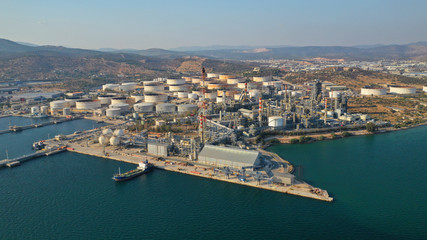 Fototapeta premium Aerial photo of industrial oil and gas refinery in Elefsina area, Attica, Greece