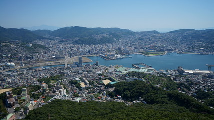 Fototapeta na wymiar Panoramic aerial views of Nagasaki city from the mount Inasa observation platform, Kyushu, Japan.