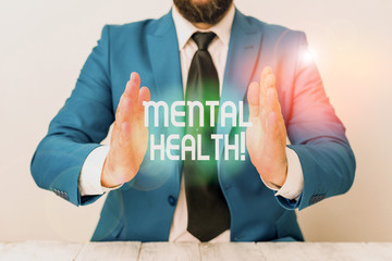Word writing text Mental Health. Business photo showcasing demonstratings condition regard to their psychological well being Man holds empty paper with copy space in front of him Space