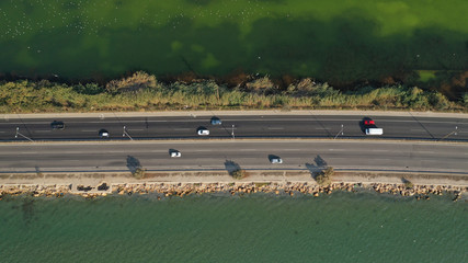 Aerial drone photo of industrial refinery of Hellenic Public Petroleum company in gulf of Aspropirgos, Attica, Greece