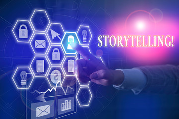Writing note showing Storytelling. Business concept for activity writing stories for publishing them to public Picture photo network scheme with modern smart device
