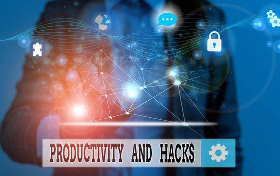 Word writing text Productivity Hacks. Business photo showcasing tricks that you get more done in the same amount of time Picture photo system network scheme modern technology smart device